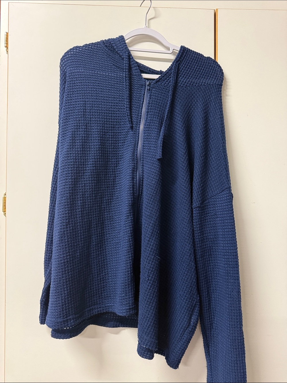 Waffle-Knit Zip Hoodie Sweater - Navy